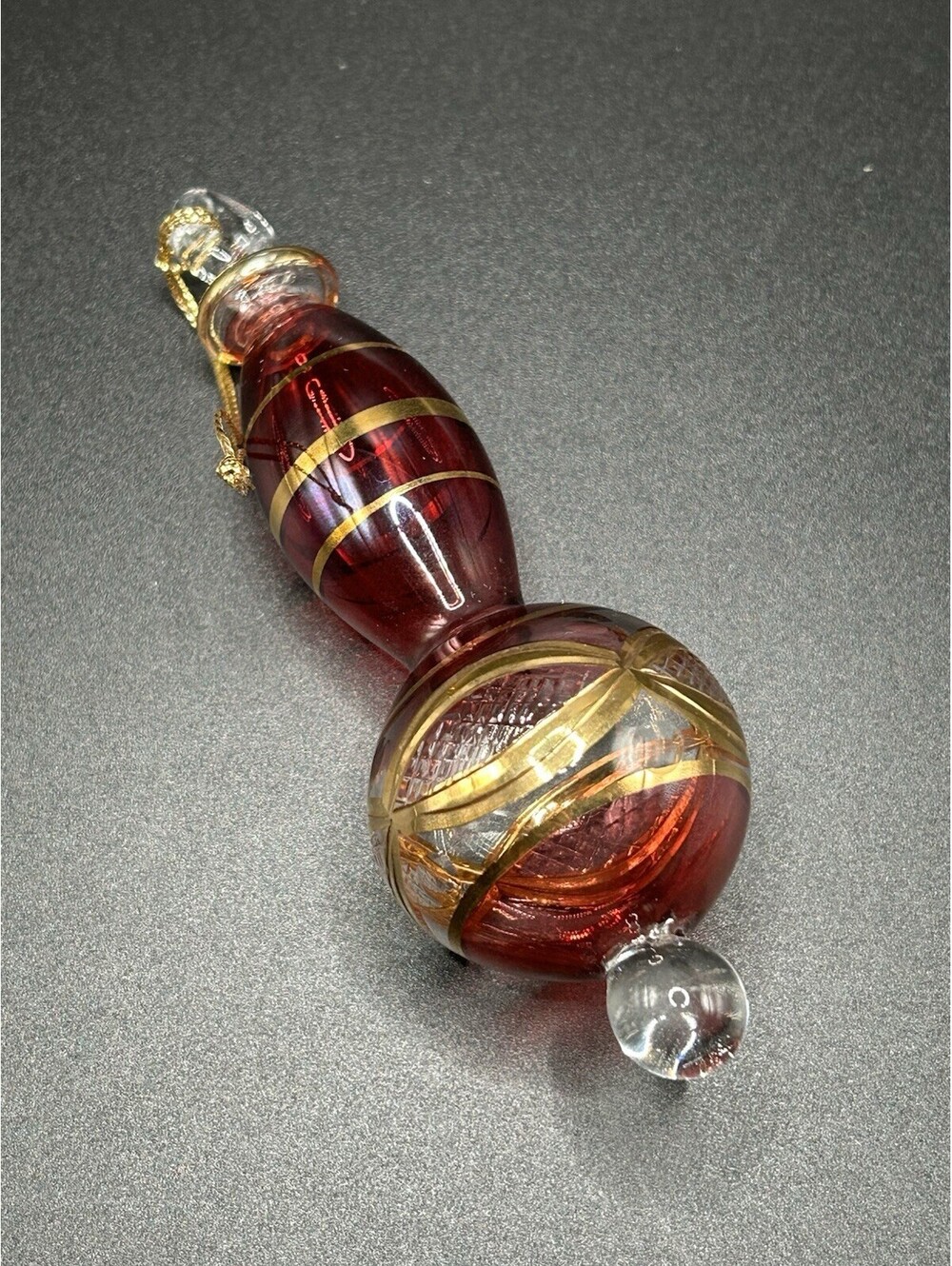 Vintage Egypt Glass Gold Etched Teardrop Sphere With Crystal Ornament